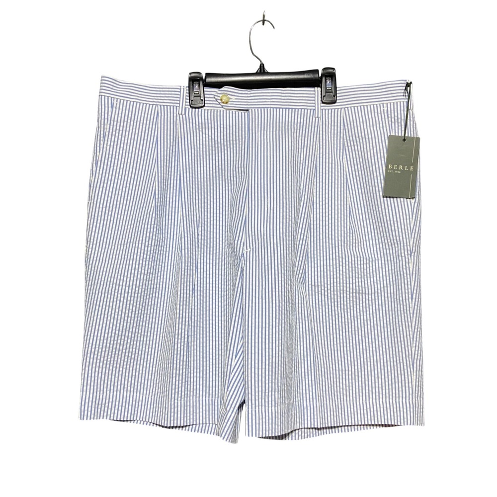 Berle Mens Blue White Striped Seersucker Pleated Cotton Shorts 40 NWT Nautical